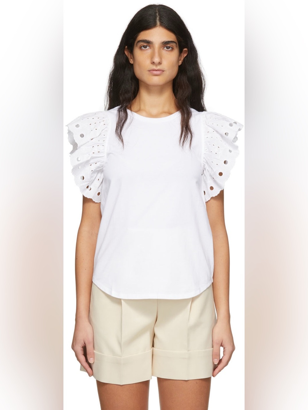 See by Chloé White Puff Sleeve T-Shirt Scalloped Edge Trim Medium Like New